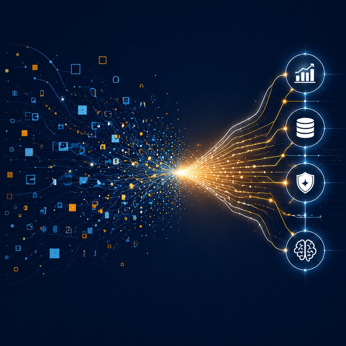 Scattered data converging into a clear data and AI structure